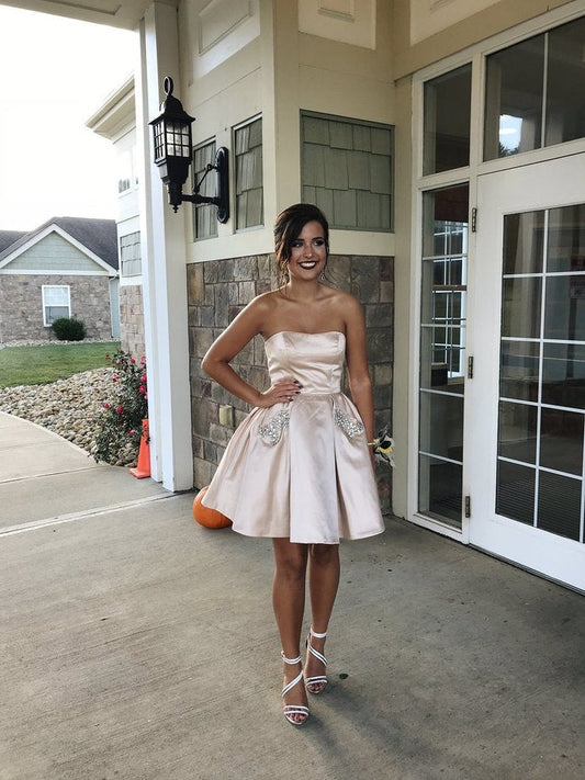 Strapless Pleated Sexy Hailie Ivory Homecoming Dresses A Line Satin Rhinestone Short
