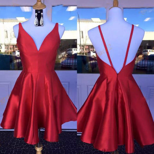 Deep V Neck Satin Naomi Homecoming Dresses A Line Red Straps Backless Sleeveless Pleated