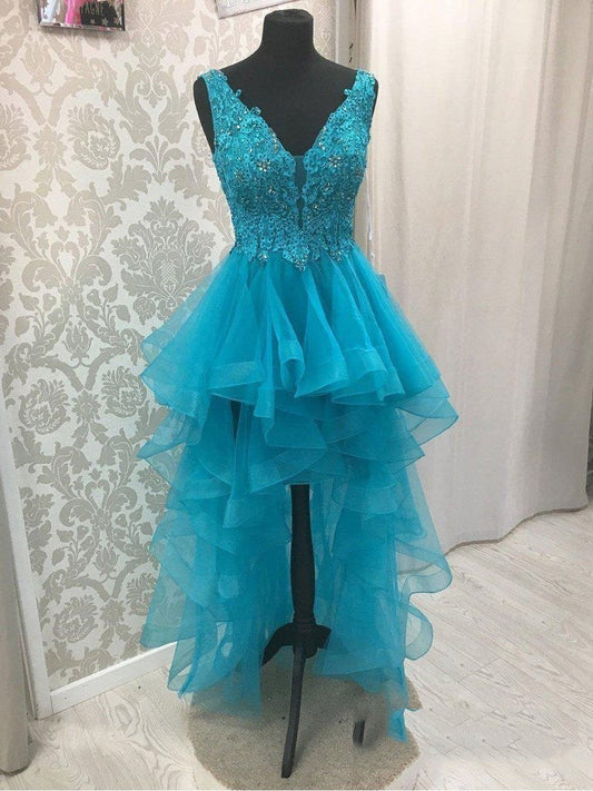 Blue V Neck High Low Homecoming Dresses Adyson Organza Pleated Appliques Backless Sleeveless