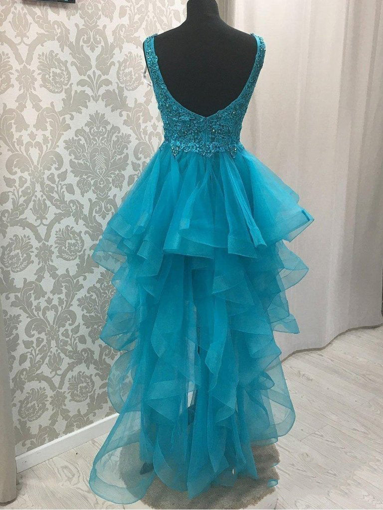 Blue V Neck High Low Homecoming Dresses Adyson Organza Pleated Appliques Backless Sleeveless