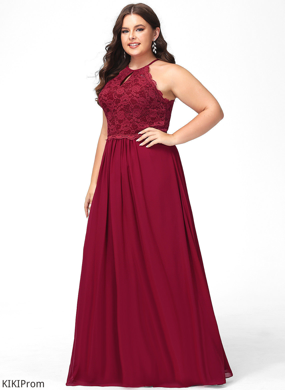 Floor-Length Prom Dresses A-Line Lace Scoop Paisley Chiffon