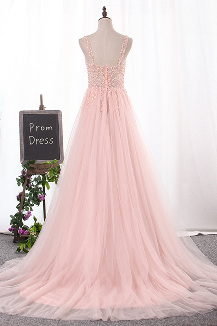 2024 New Arrival Straps A Line Tulle Prom Dresses With Beading And Slit