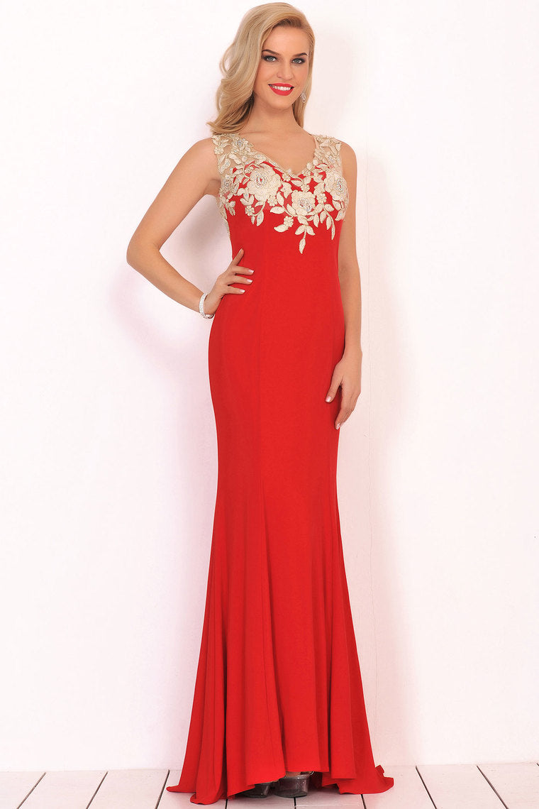 2022 Sexy V Neck Prom Dresses Mermaid Spandex With Appliques Sweep Train