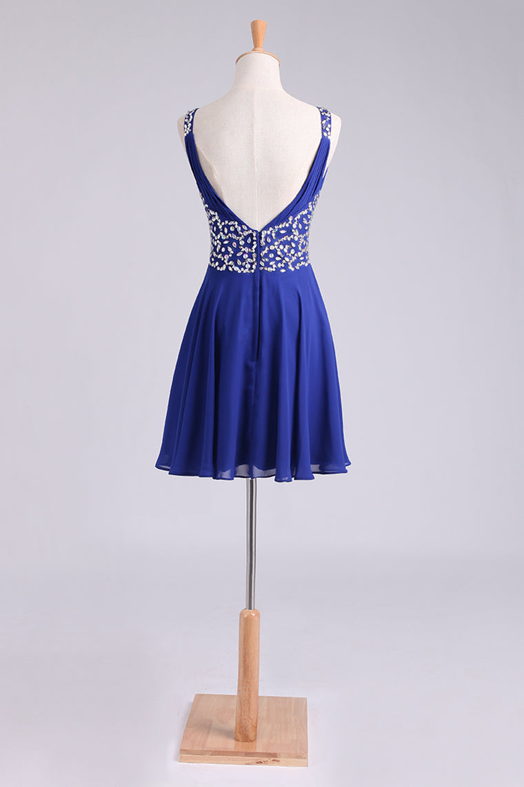 2022 Homecoming Dresses Straps A-Line Short/Mini Chiffon With Beads And Ruffles Dark Royal Blue