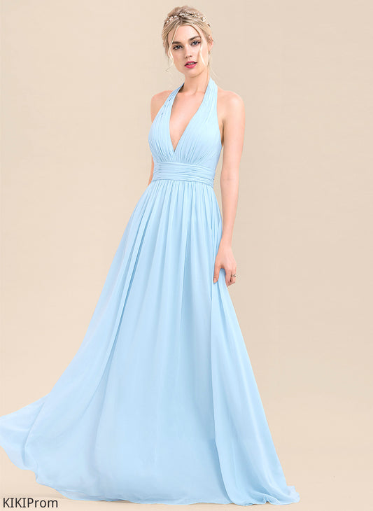 Halter Length Neckline Ruffle Embellishment A-Line Fabric Silhouette Floor-Length Sandy Bridesmaid Dresses
