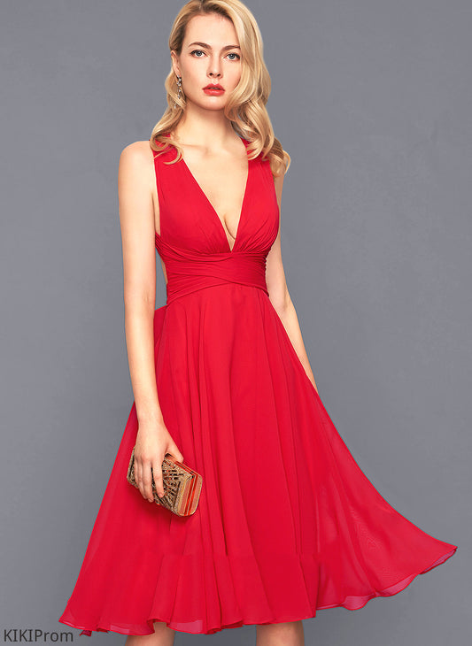 With A-Line Knee-Length Bow(s) Ruffle V-neck Cocktail Chiffon Dress Kirsten Cocktail Dresses