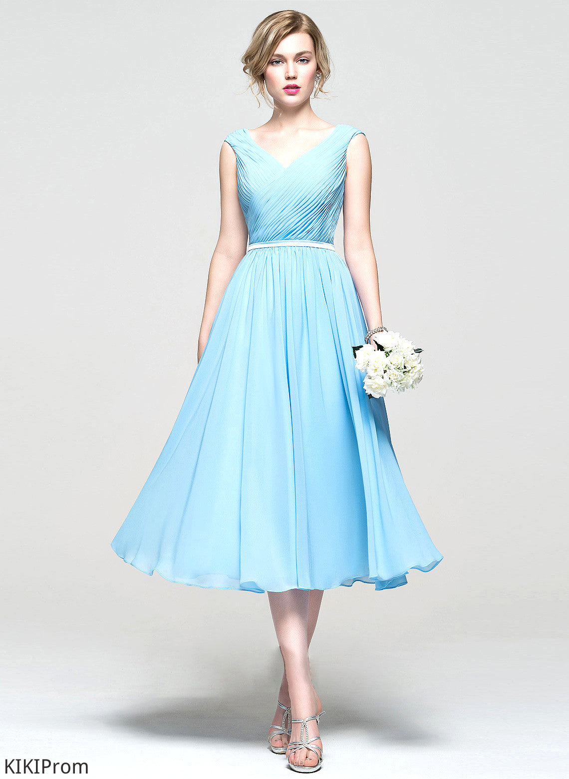 Embellishment Fabric Ruffle Neckline A-Line Length Silhouette V-neck Tea-Length Libby Bridesmaid Dresses