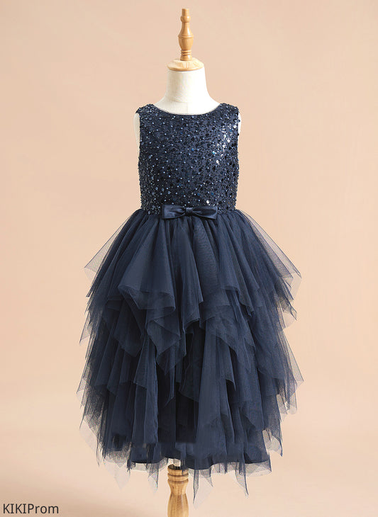 Scoop Tulle Flower Ball-Gown/Princess Serenity Neck Flower Girl Dresses Tea-length With Dress - Girl Beading/Sequins/Bow(s) Sleeveless