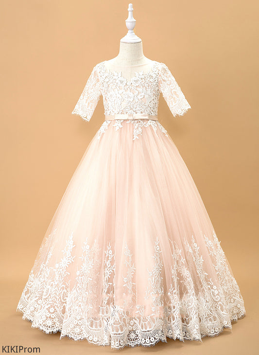 Flower Girl Dresses - Girl Kenley With Ball-Gown/Princess Bow(s) Neck Dress 1/2 Floor-length Sleeves Tulle/Lace Flower Scoop