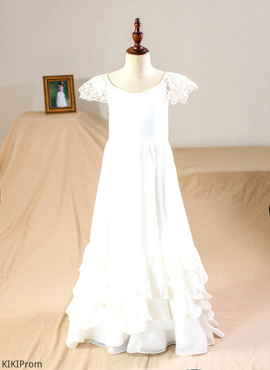 Flower Flower Girl Dresses With Scoop - Short A-Line Girl Dress Sleeves Floor-length Gina Lace Neck Chiffon