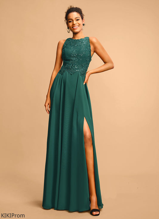 A-Line Lace Floor-Length With Chiffon Scoop Sequins Breanna Prom Dresses