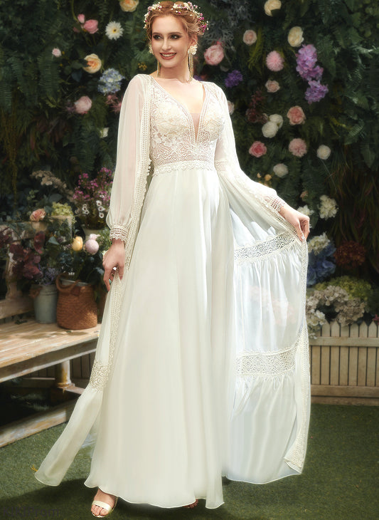 V-neck Chiffon Lace With Wedding Sequins Dress Front A-Line Lucy Wedding Dresses Split Floor-Length