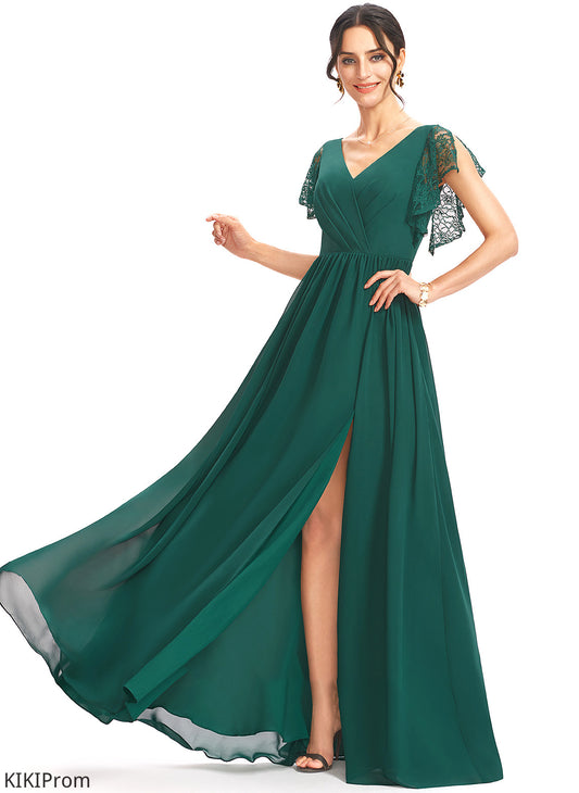 Silhouette Embellishment Floor-Length Neckline V-neck Fabric Length A-Line Lace SplitFront Brianna A-Line/Princess Bridesmaid Dresses