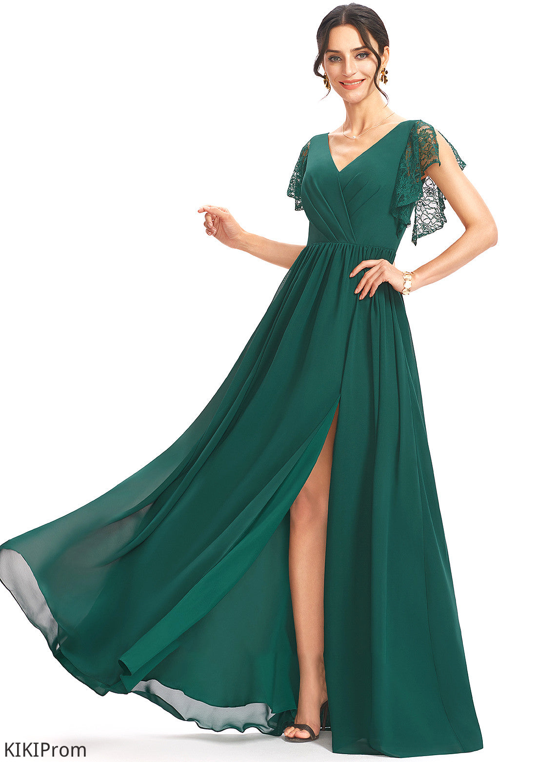 Silhouette Embellishment Floor-Length Neckline V-neck Fabric Length A-Line Lace SplitFront Brianna A-Line/Princess Bridesmaid Dresses