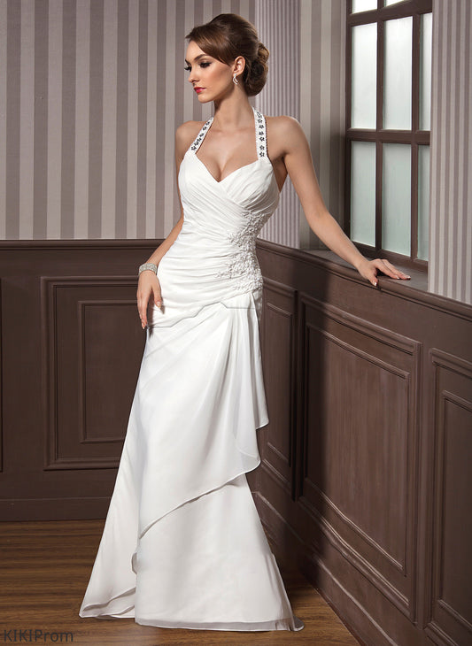 Halter Ruffle Lace Wedding Dresses Sequins Appliques With Floor-Length Mackenzie Wedding Dress Chiffon Beading Satin Sheath/Column