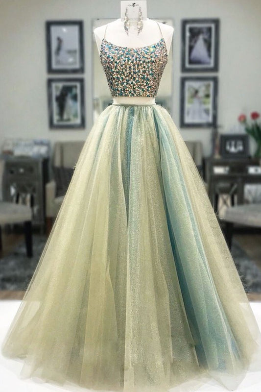 Spaghetti Staps Two Piece Prom Dresses Backless Long Evening Gown