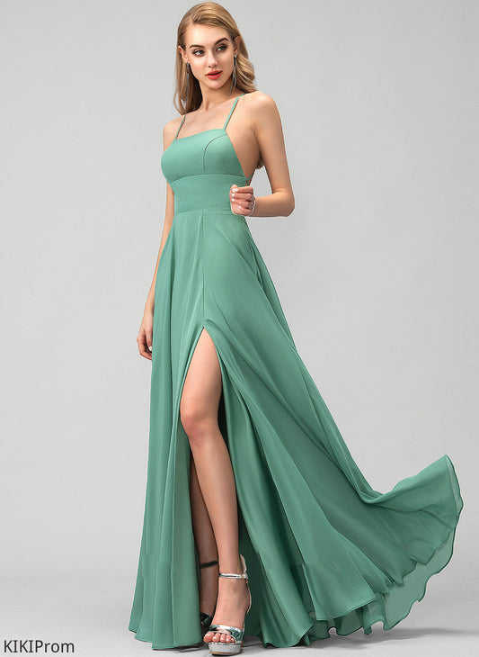Nataly With Prom Dresses Chiffon Split A-Line Neckline Square Front Floor-Length Pockets