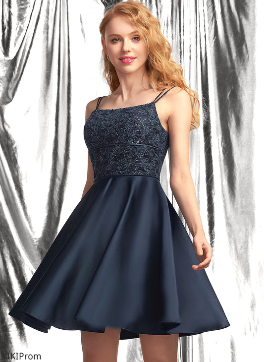 A-Line Neckline Prom Dresses Sequins Short/Mini Satin Macie Square With Lace