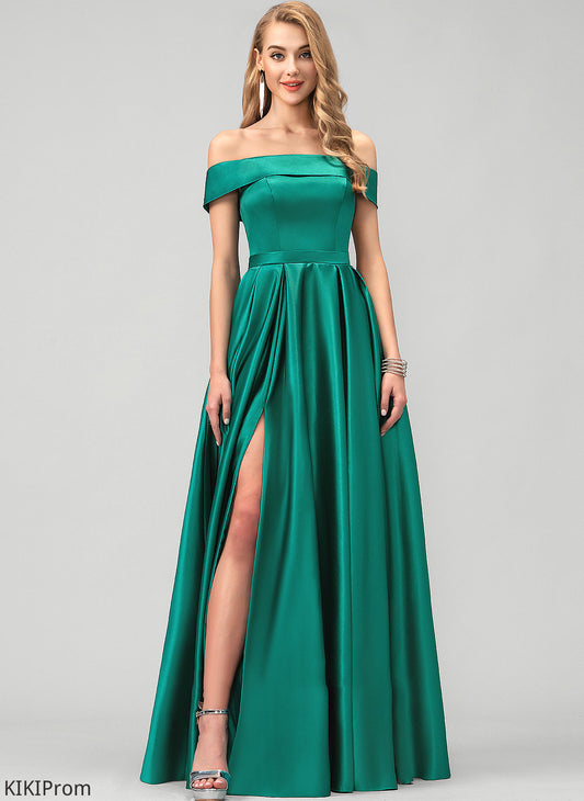 Satin Pockets With Ryan Floor-Length Prom Dresses Split Front Ball-Gown/Princess Off-the-Shoulder