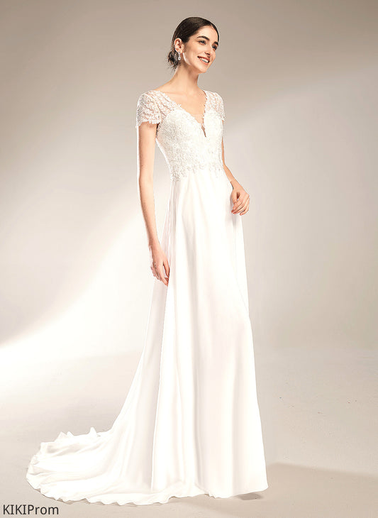 A-Line Wedding Dresses Lace With V-neck Court Dress Wedding Marin Bow(s) Train Chiffon
