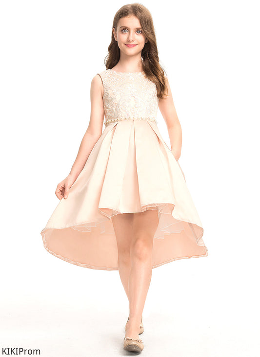 Pockets Neck Lace Junior Bridesmaid Dresses With Satin Beading A-Line Scoop Caroline Asymmetrical