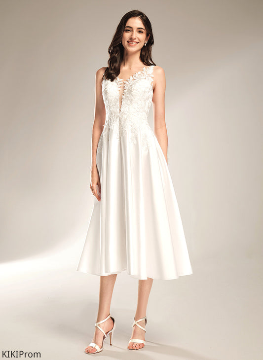 With Lace Wedding Dress V-neck Cierra Pockets Tea-Length Satin A-Line Wedding Dresses