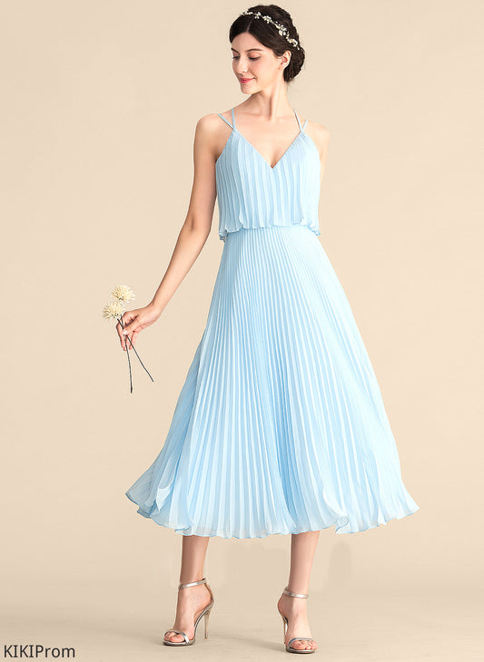 Tea-Length V-neck Dress Pleated Cocktail Dresses Cocktail Shayla A-Line With Chiffon