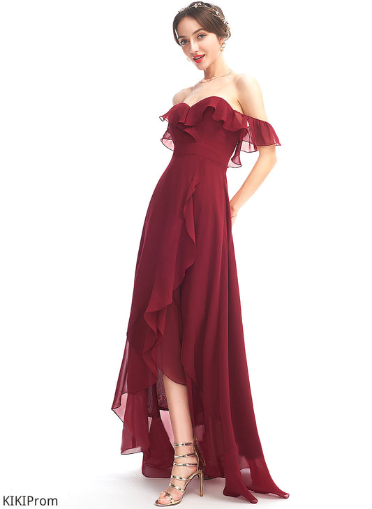 Maci Front Off-the-Shoulder Split A-Line Dress Cocktail Ruffle Chiffon With Asymmetrical Cocktail Dresses