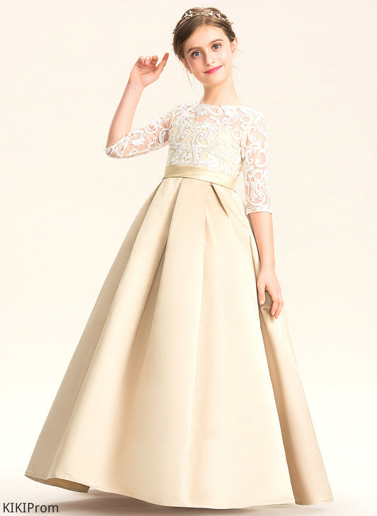 Junior Bridesmaid Dresses Ball-Gown/Princess Satin Lace Scoop Neck Madelyn Floor-Length
