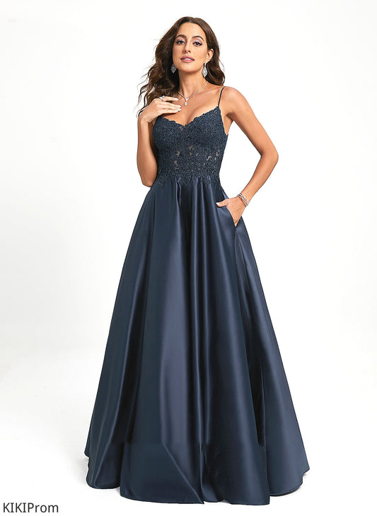 V-neck Prom Dresses Satin Floor-Length A-Line Sequins With Lace Ana