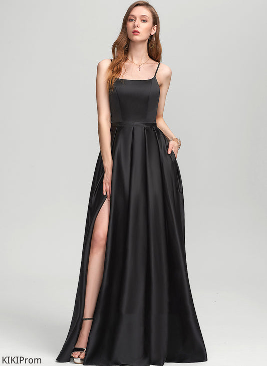 Neckline A-Line Satin Square Silhouette Length Straps&Sleeves Fabric Floor-Length Cecilia Bridesmaid Dresses