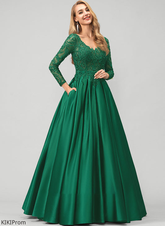 Prom Dresses With Yasmin Pockets Ball-Gown/Princess Sequins Lace Floor-Length Satin Beading V-neck