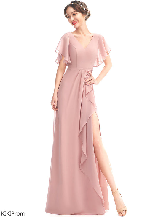 A-Line SplitFront Fabric Neckline Ruffle Floor-Length Embellishment Silhouette V-neck Length Mireya Sleeveless Bridesmaid Dresses