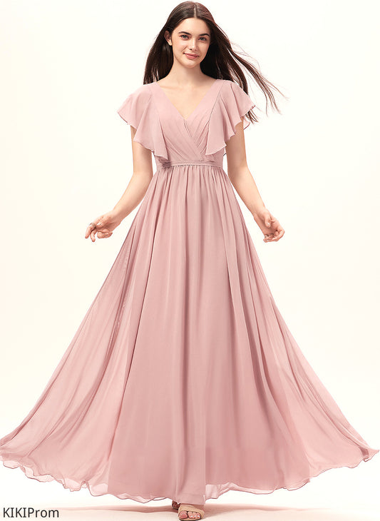 A-Line Fabric Silhouette Embellishment Length Neckline V-neck SplitFront Floor-Length Makayla Bridesmaid Dresses