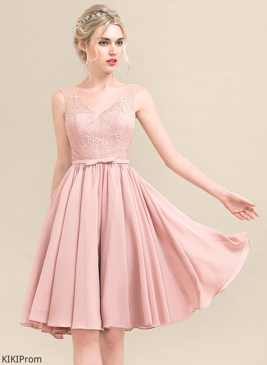 Isabell Bow(s) Dress Cocktail V-neck Lace With Knee-Length A-Line Chiffon Cocktail Dresses Lace