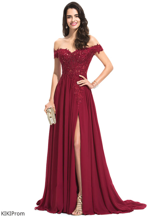 Lace Train Off-the-Shoulder Kaelyn Prom Dresses A-Line With Sweep Sequins Chiffon