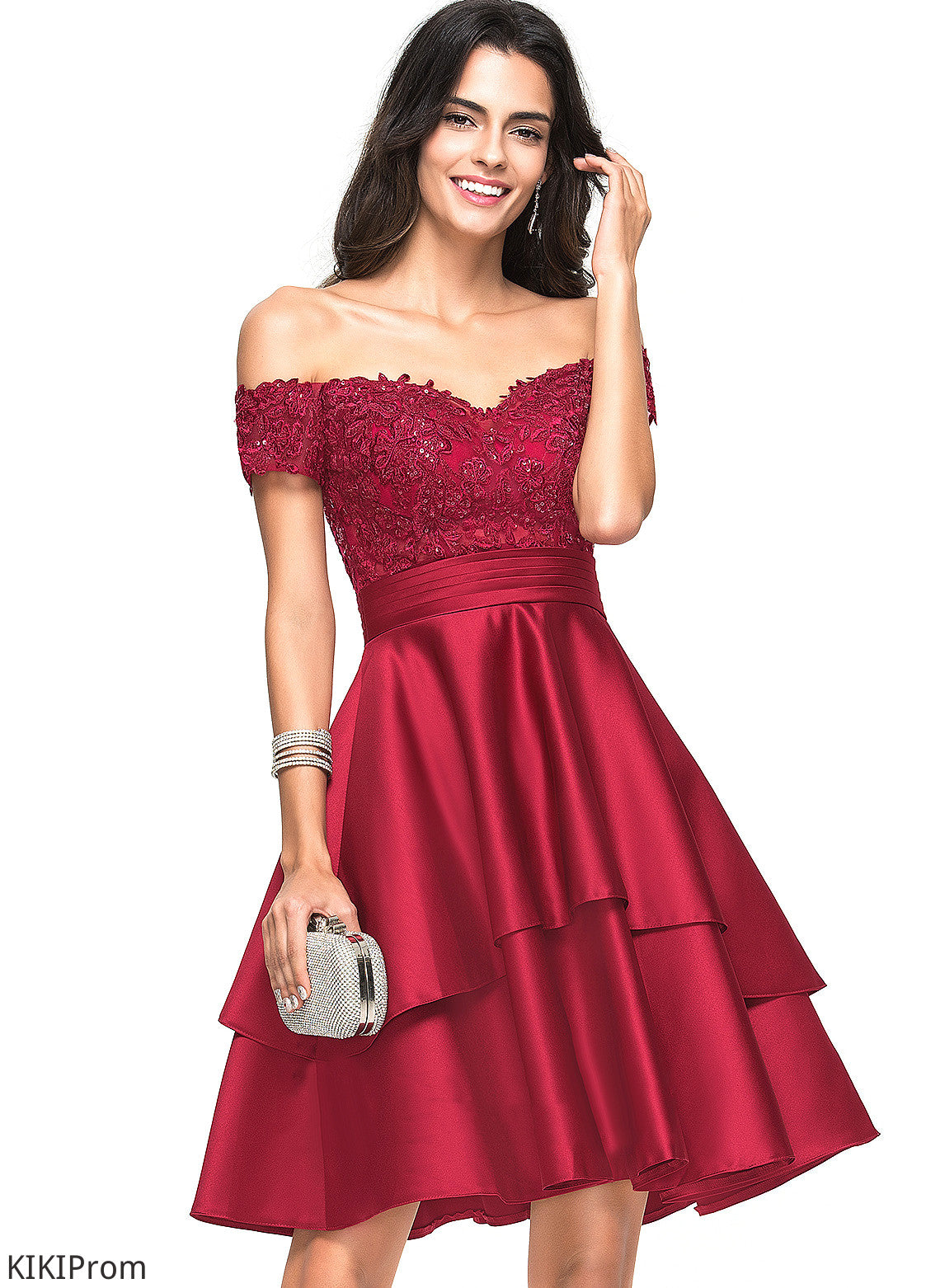 A-Line Amber Sequins Satin Homecoming With Lace Homecoming Dresses Off-the-Shoulder Knee-Length Dress
