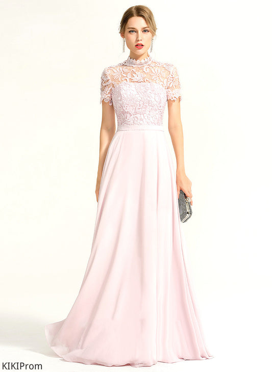 Neck Prom Dresses A-Line Sequins Norah Floor-Length With Lace Chiffon High