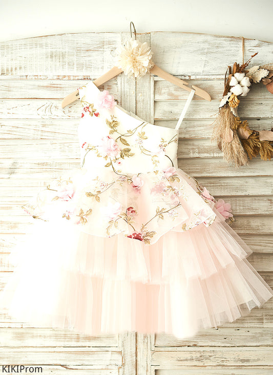 Flower Girl Dresses - Sleeveless A-Line One-Shoulder With Flower(s) Dress Flower Knee-length Girl Ryann Tulle