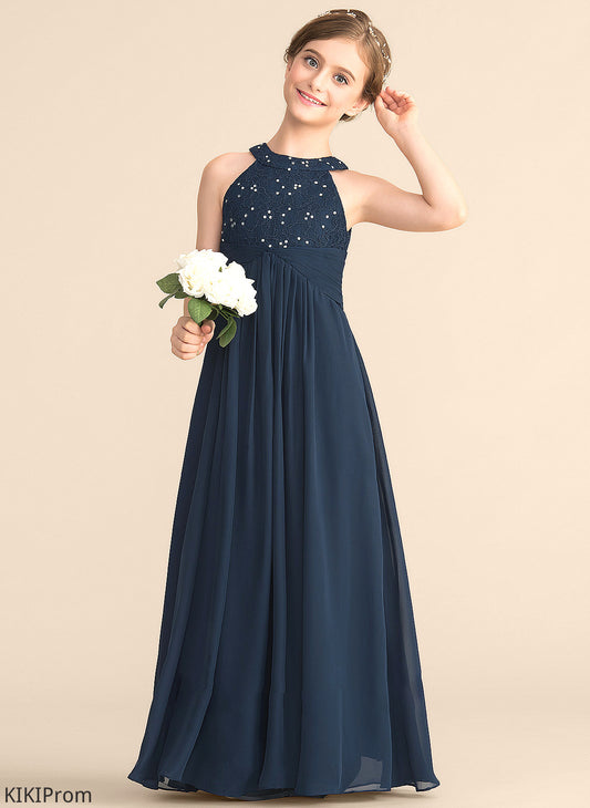 A-Line Scoop Kit Floor-Length Chiffon Lace Beading Ruffle Neck Junior Bridesmaid Dresses With