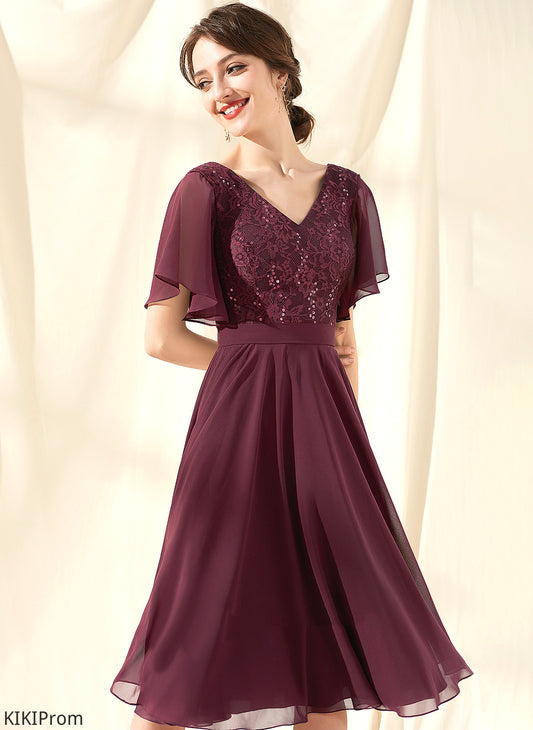 A-Line V-neck Cocktail Dresses Lace Dress With Chiffon Cocktail Aileen Sequins Knee-Length