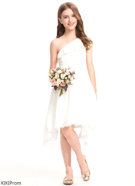 A-Line One-Shoulder With Ashlee Lace Bow(s) Asymmetrical Chiffon Junior Bridesmaid Dresses
