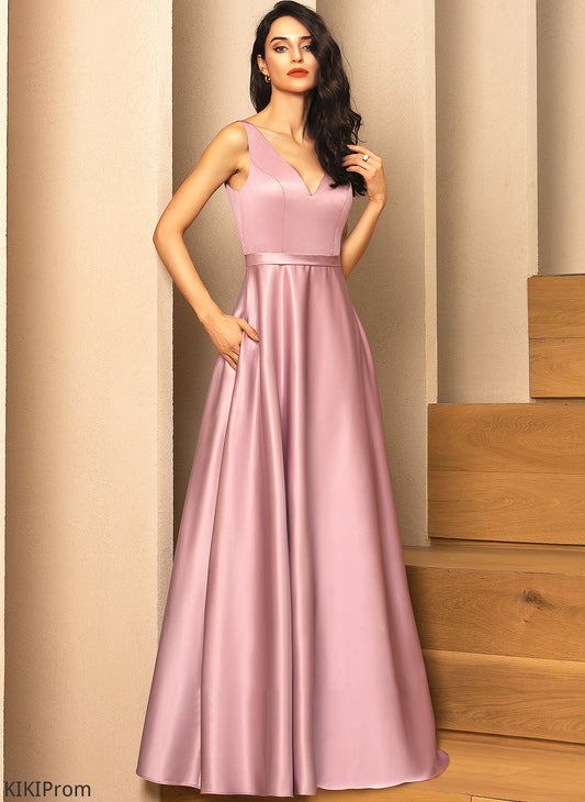 Embellishment Pockets Fabric V-neck Neckline Floor-Length Straps Satin Length Rylie Bridesmaid Dresses