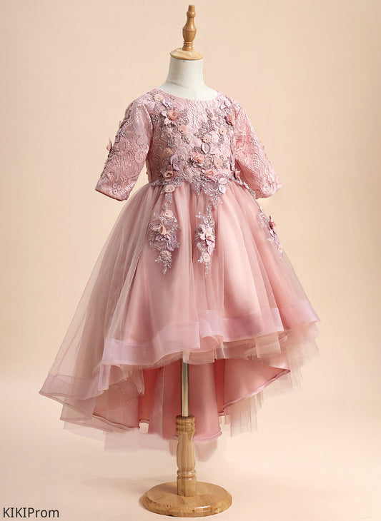 Flower Beading/Flower(s) - Tulle Sleeves Scoop With Dress Flower Girl Dresses 1/2 Girl Asymmetrical Ball-Gown/Princess Rebekah Neck