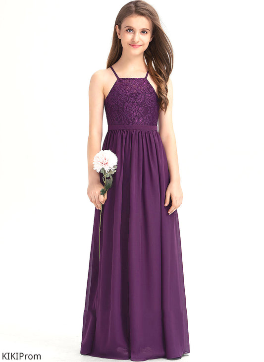 Square A-Line Floor-Length Neckline With Bow(s) Nataly Chiffon Junior Bridesmaid Dresses Lace