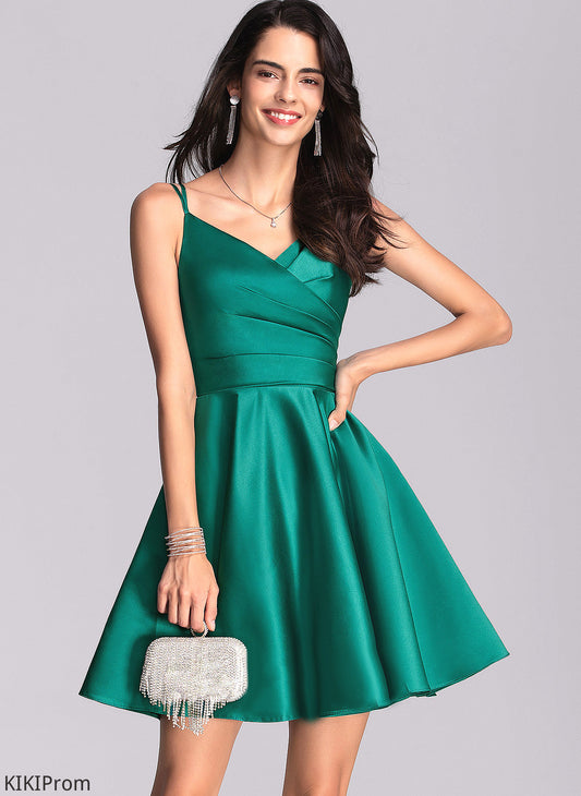 Satin Homecoming Dresses A-Line Homecoming With Ruffle Dress Short/Mini Callie Pockets V-neck