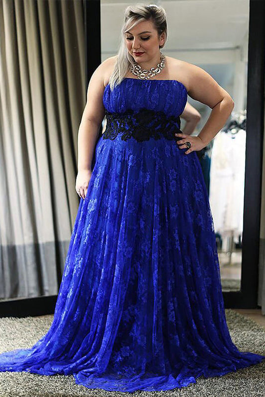 Blue A Line Brush Train Strapless Sleeveless Lace Plus Size Prom Dresses