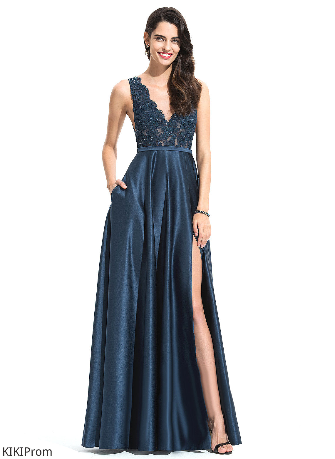 A-Line Leia V-neck Floor-Length Lace Satin With Prom Dresses Sequins