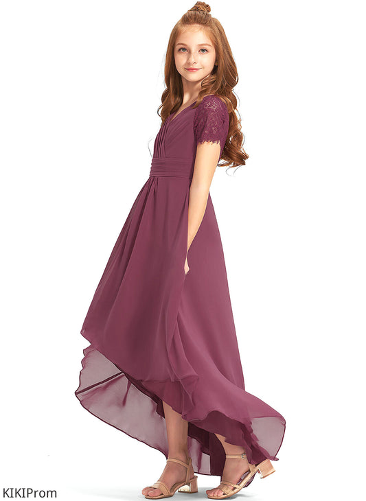 Chiffon V-neck Asymmetrical Polly With Ruffle Lace A-Line Junior Bridesmaid Dresses