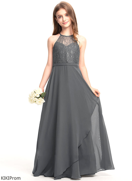 Addyson With Neck Junior Bridesmaid Dresses Floor-Length Scoop A-Line Ruffles Lace Chiffon Cascading